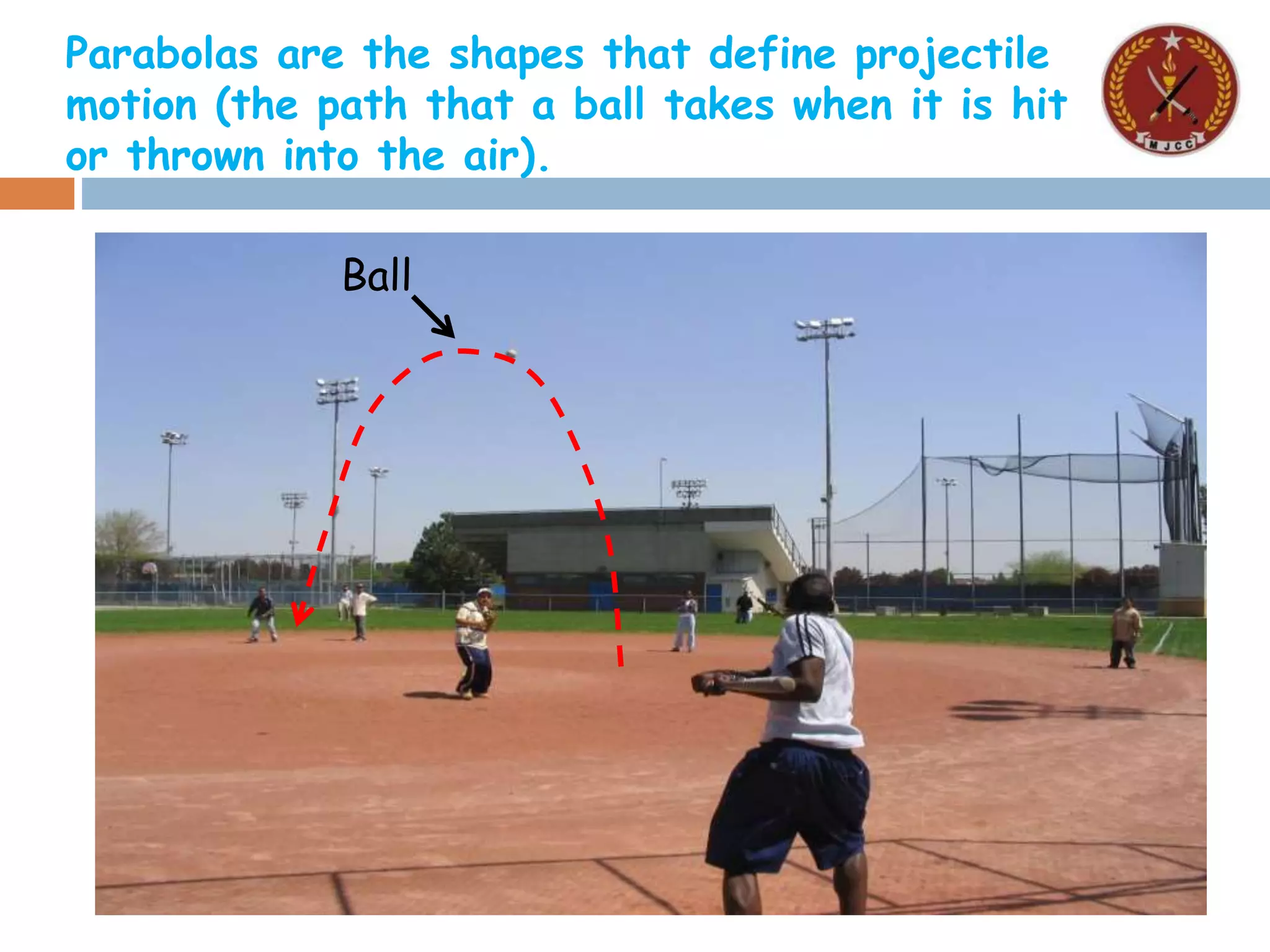 Parabolas are the shapes that define projectile
motion (the path that a ball takes when it is hit
or thrown into the air).
Ball
 