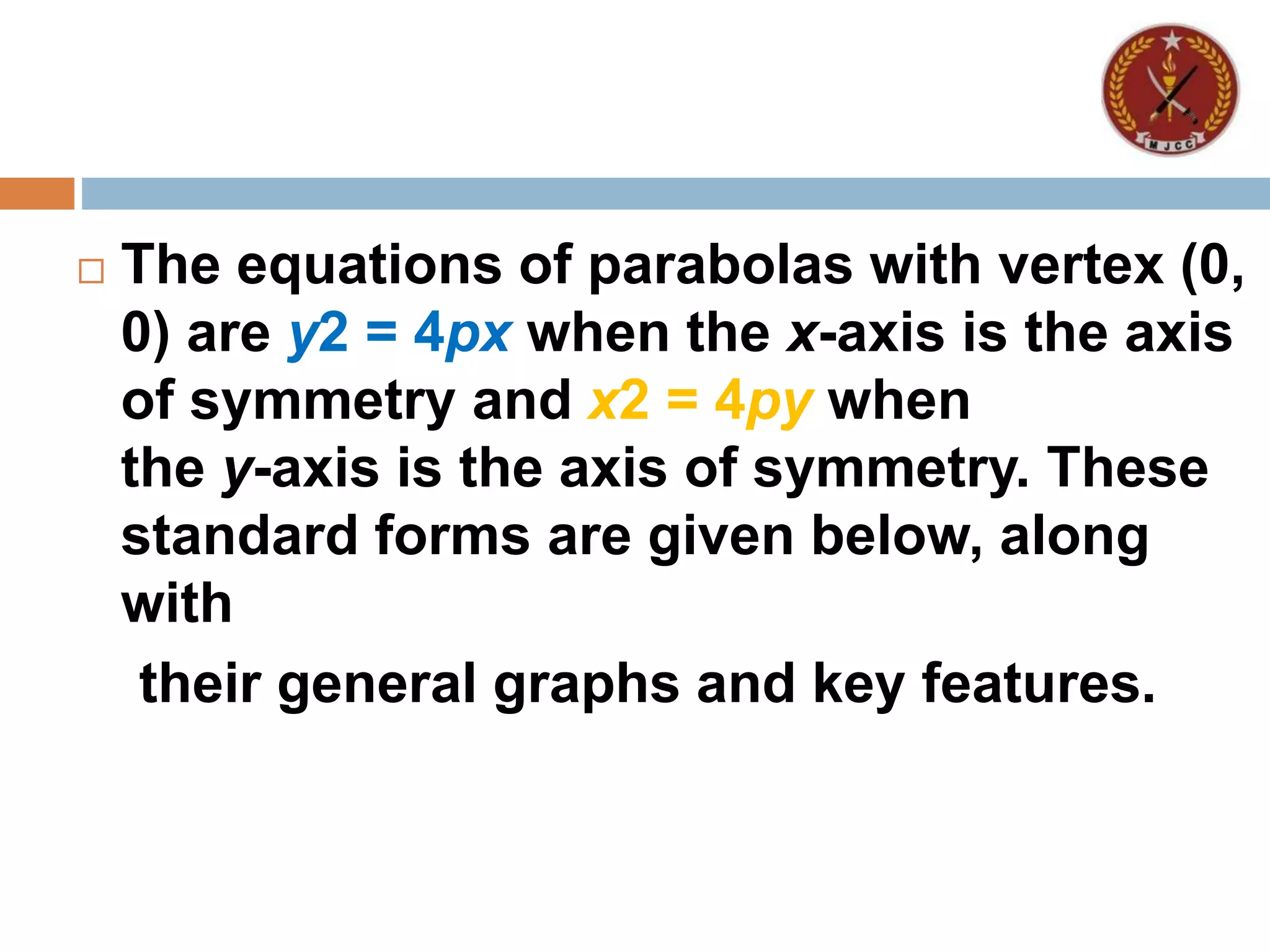  The equations of parabolas with vertex (0,
0) are y2 = 4px when the x-axis is the axis
of symmetry and x2 = 4py when
the y-axis is the axis of symmetry. These
standard forms are given below, along
with
their general graphs and key features.
 