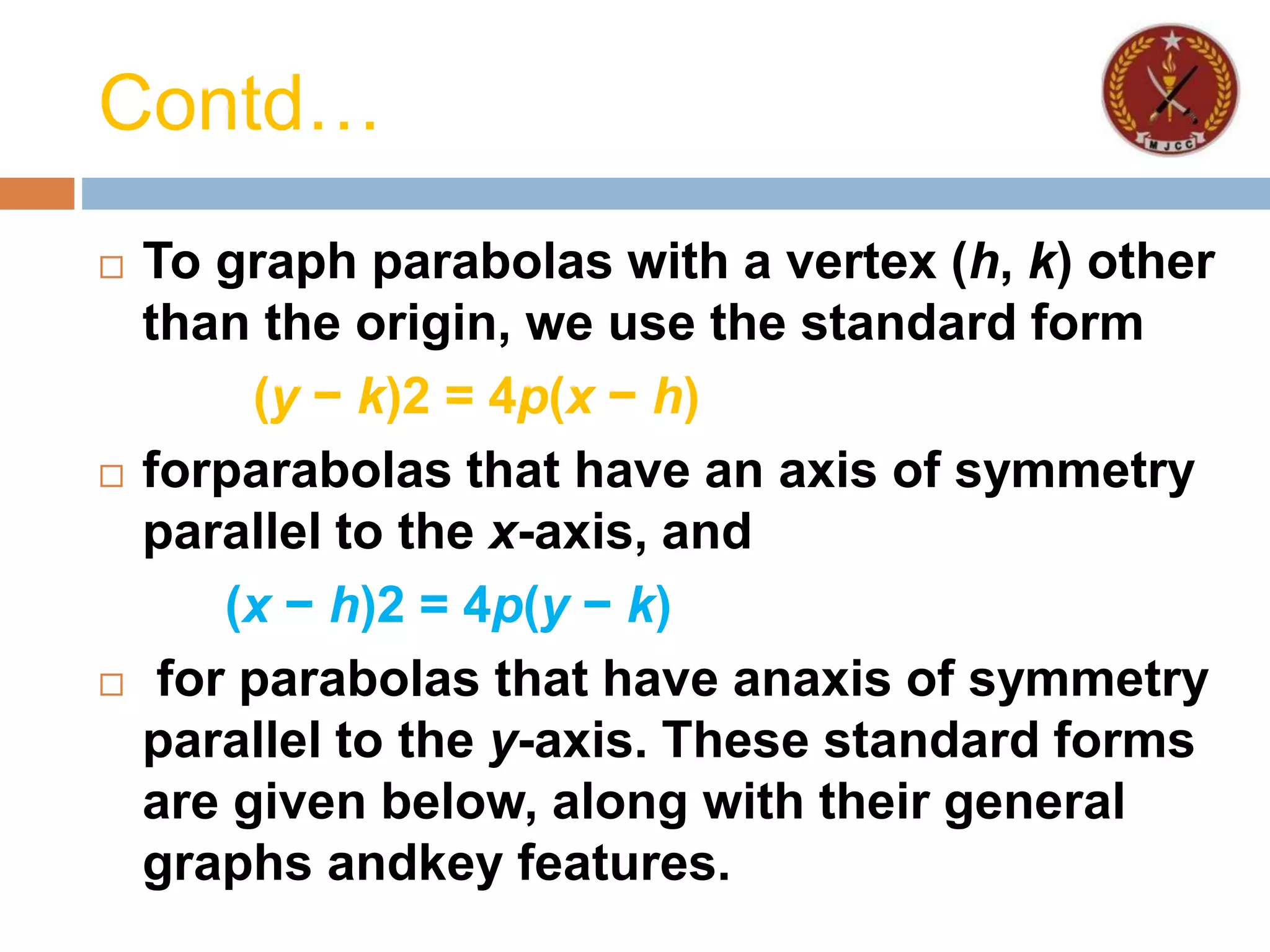 Contd…
 To graph parabolas with a vertex (h, k) other
than the origin, we use the standard form
(y − k)2 = 4p(x − h)
 forparabolas that have an axis of symmetry
parallel to the x-axis, and
(x − h)2 = 4p(y − k)
 for parabolas that have anaxis of symmetry
parallel to the y-axis. These standard forms
are given below, along with their general
graphs andkey features.
 