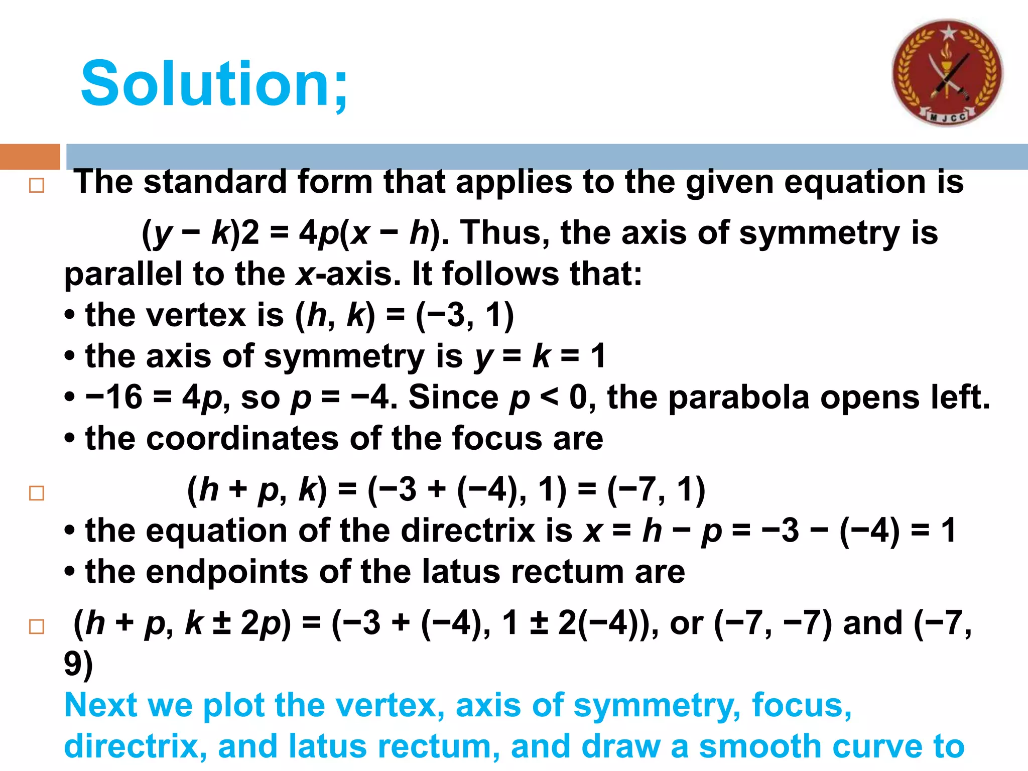 Solution;
 The standard form that applies to the given equation is
(y − k)2 = 4p(x − h). Thus, the axis of symmetry is
parallel to the x-axis. It follows that:
• the vertex is (h, k) = (−3, 1)
• the axis of symmetry is y = k = 1
• −16 = 4p, so p = −4. Since p < 0, the parabola opens left.
• the coordinates of the focus are
 (h + p, k) = (−3 + (−4), 1) = (−7, 1)
• the equation of the directrix is x = h − p = −3 − (−4) = 1
• the endpoints of the latus rectum are
 (h + p, k ± 2p) = (−3 + (−4), 1 ± 2(−4)), or (−7, −7) and (−7,
9)
Next we plot the vertex, axis of symmetry, focus,
directrix, and latus rectum, and draw a smooth curve to
 