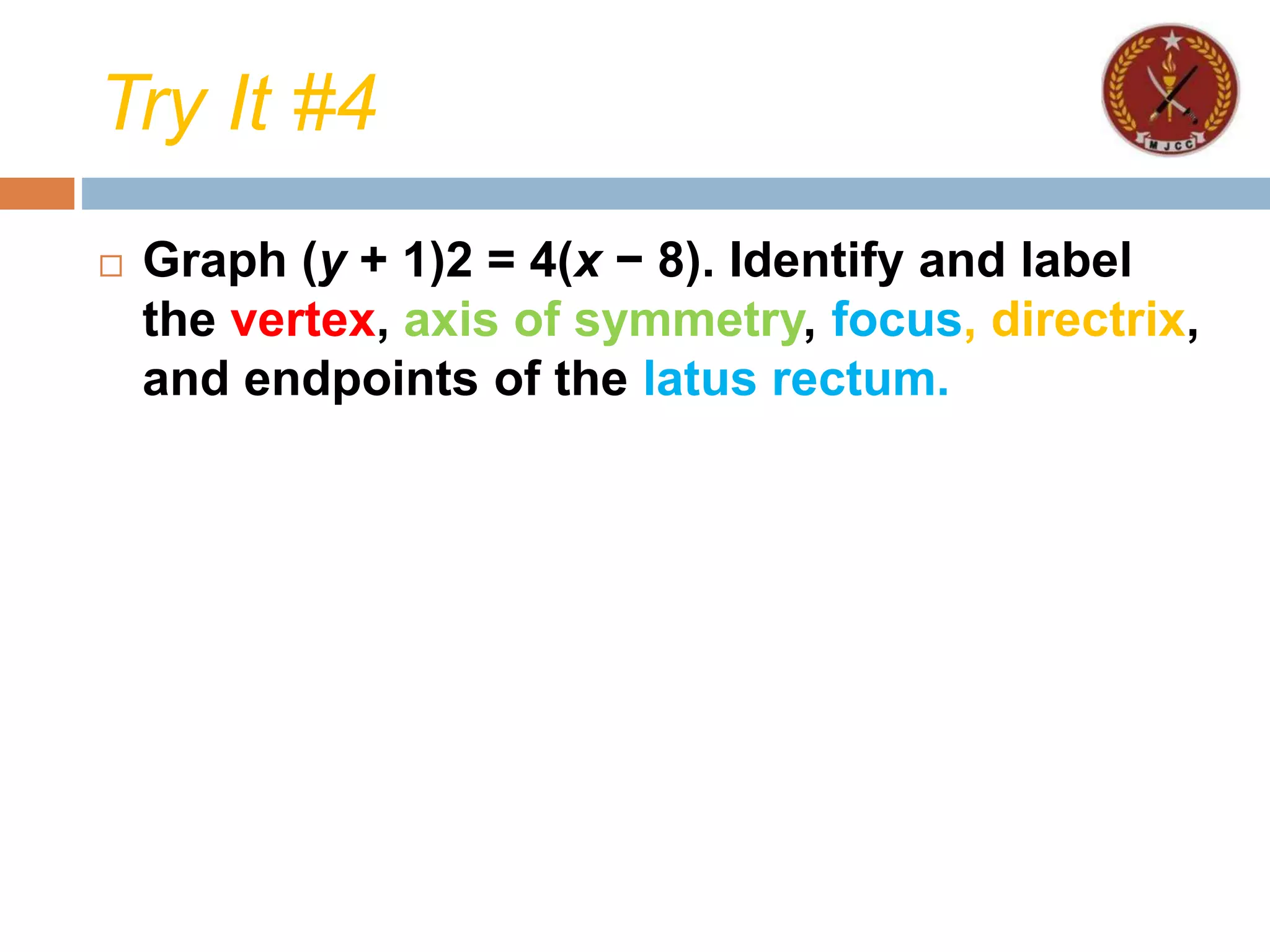 Try It #4
 Graph (y + 1)2 = 4(x − 8). Identify and label
the vertex, axis of symmetry, focus, directrix,
and endpoints of the latus rectum.
 