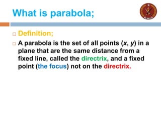 What is parabola;
 Definition;
 A parabola is the set of all points (x, y) in a
plane that are the same distance from a
fixed line, called the directrix, and a fixed
point (the focus) not on the directrix.
 