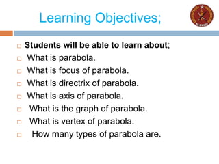 Learning Objectives;
 Students will be able to learn about;
 What is parabola.
 What is focus of parabola.
 What is directrix of parabola.
 What is axis of parabola.
 What is the graph of parabola.
 What is vertex of parabola.
 How many types of parabola are.
 