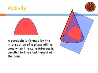 A parabola is formed by the
intersection of a plane with a
cone when the cone intersects
parallel to the slant height of
the cone.
Activity
 