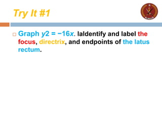 Try It #1
 Graph y2 = −16x. laIdentify and label the
focus, directrix, and endpoints of the latus
rectum.
 