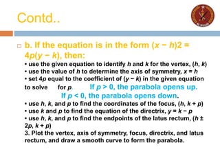 Contd..
 b. If the equation is in the form (x − h)2 =
4p(y − k), then:
• use the given equation to identify h and k for the vertex, (h, k)
• use the value of h to determine the axis of symmetry, x = h
• set 4p equal to the coefficient of (y − k) in the given equation
to solve for p. If p > 0, the parabola opens up.
If p < 0, the parabola opens down.
• use h, k, and p to find the coordinates of the focus, (h, k + p)
• use k and p to find the equation of the directrix, y = k − p
• use h, k, and p to find the endpoints of the latus rectum, (h ±
2p, k + p)
3. Plot the vertex, axis of symmetry, focus, directrix, and latus
rectum, and draw a smooth curve to form the parabola.
 