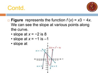 Contd.
 Figure represents the function f (x) = x3 − 4x.
We can see the slope at various points along
the curve.
• slope at x = −2 is 8
• slope at x = −1 is –1
• slope at x = 2 is 8
 