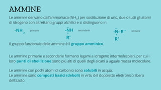 Le ammine derivano dall’ammoniaca (NH ) per sostituzione di uno, due o tutti gli atomi
di idrogeno con altrettanti gruppi alchilici e si distinguono in:
AMMINE
3
-NH 2
R'
-
_
-NH
R'
-
_
-N- R'' terziarie
secondarie
primarie
Il gruppo funzionale delle ammine è il gruppo amminico.
Le ammine primarie e secondarie formano legami a idrogeno intermolecolari, per cui i
loro punti di ebollizione sono più alti di quelli degli alcani a uguale massa molecolare.
Le ammine con pochi atomi di carbonio sono solubili in acqua.
Le ammine sono composti basici (deboli) in virtù del doppietto elettronico libero
dell’azoto.
 