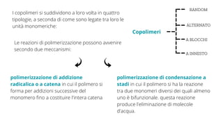 I copolimeri si suddividono a loro volta in quattro
tipologie, a seconda di come sono legate tra loro le
unità monomeriche:
Copolimeri
RANDOM
ALTERNATO
A BLOCCHI
A INNESTO
Le reazioni di polimerizzazione possono avvenire
secondo due meccanismi:
polimerizzazione di addizione
radicalica o a catena in cui il polimero si
forma per addizioni successive del
monomero fino a costituire l'intera catena
polimerizzazione di condensazione a
stadi in cui il polimero si ha la reazione
tra due monomeri diversi dei quali almeno
uno è bifunzionale. questa reazione
produce l'eliminazione di molecole
d'acqua.
 