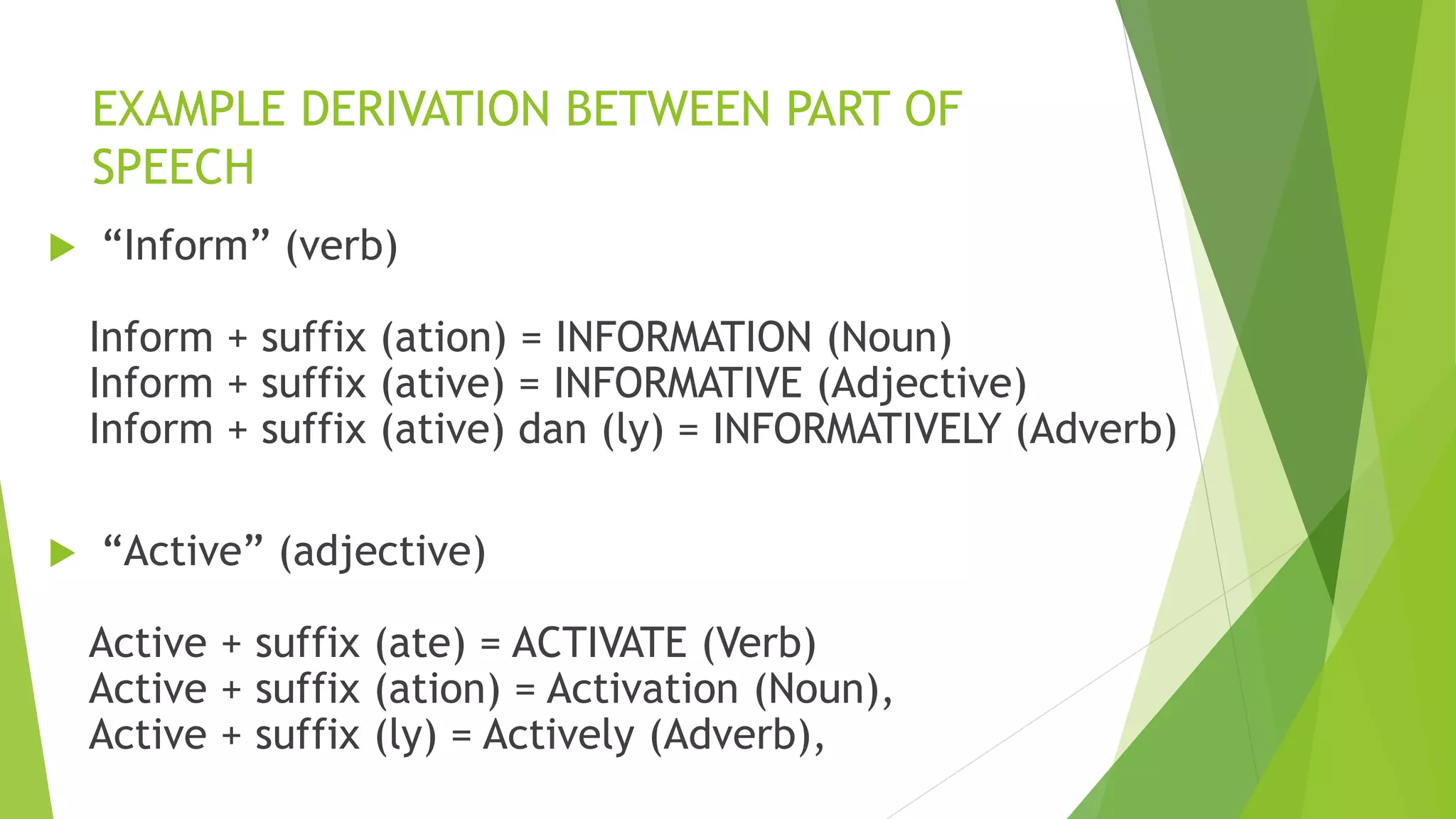 EXAMPLE DERIVATION BETWEEN PART OF
SPEECH
 “Inform” (verb)
Inform + suffix (ation) = INFORMATION (Noun)
Inform + suffix (ative) = INFORMATIVE (Adjective)
Inform + suffix (ative) dan (ly) = INFORMATIVELY (Adverb)
 “Active” (adjective)
Active + suffix (ate) = ACTIVATE (Verb)
Active + suffix (ation) = Activation (Noun),
Active + suffix (ly) = Actively (Adverb),
 
