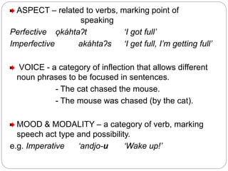ASPECT – related to verbs, marking point of
speaking
Perfective ǫkáhtaʔt ‘I got full’
Imperfective akáhtaʔs ‘I get full, I’m getting full’
VOICE - a category of inflection that allows different
noun phrases to be focused in sentences.
- The cat chased the mouse.
- The mouse was chased (by the cat).
MOOD & MODALITY – a category of verb, marking
speech act type and possibility.
e.g. Imperative ‘andjo-u ‘Wake up!’
 