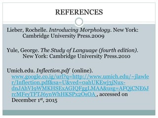 REFERENCES
Lieber, Rochelle. Introducing Morphology. New York:
Cambridge University Press.2009
Yule, George. The Study of Language (fourth edition).
New York: Cambridge University Press.2010
Umich.edu. Inflection.pdf (online).
www.google.co.ig/url?q=http://www.umich.edu/~jlawle
r/Inflection.pdf&sa=U&ved=0ahUKEwj3jNux-
dnJAhVI9WMKHSExAGIQFggLMAA&usg=AFQjCNE6J
rcMFeyTFTJ6ynWhHKSPx2OsOA , accessed on
December 1st, 2015
 