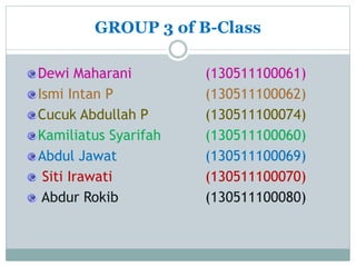 GROUP 3 of B-Class
Dewi Maharani (130511100061)
Ismi Intan P (130511100062)
Cucuk Abdullah P (130511100074)
Kamiliatus Syarifah (130511100060)
Abdul Jawat (130511100069)
Siti Irawati (130511100070)
Abdur Rokib (130511100080)
 