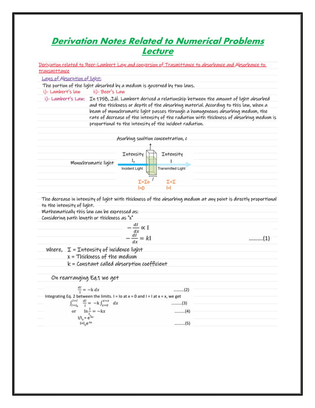 Derivation of BeerLambert Law and Conversion of Transmittance to