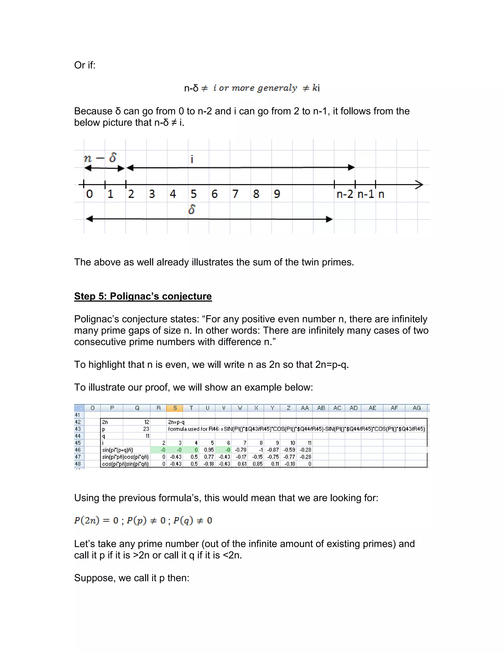 Or if:
n-δ i
Because δ can go from 0 to n-2 and i can go from 2 to n-1, it follows from the
below picture that n-δ ≠ i.
The above as well already illustrates the sum of the twin primes.
Step 5: Polignac’s conjecture
Polignac’s conjecture states: “For any positive even number n, there are infinitely
many prime gaps of size n. In other words: There are infinitely many cases of two
consecutive prime numbers with difference n.”
To highlight that n is even, we will write n as 2n so that 2n=p-q.
To illustrate our proof, we will show an example below:
Using the previous formula’s, this would mean that we are looking for:
; ;
Let’s take any prime number (out of the infinite amount of existing primes) and
call it p if it is >2n or call it q if it is <2n.
Suppose, we call it p then:
 
