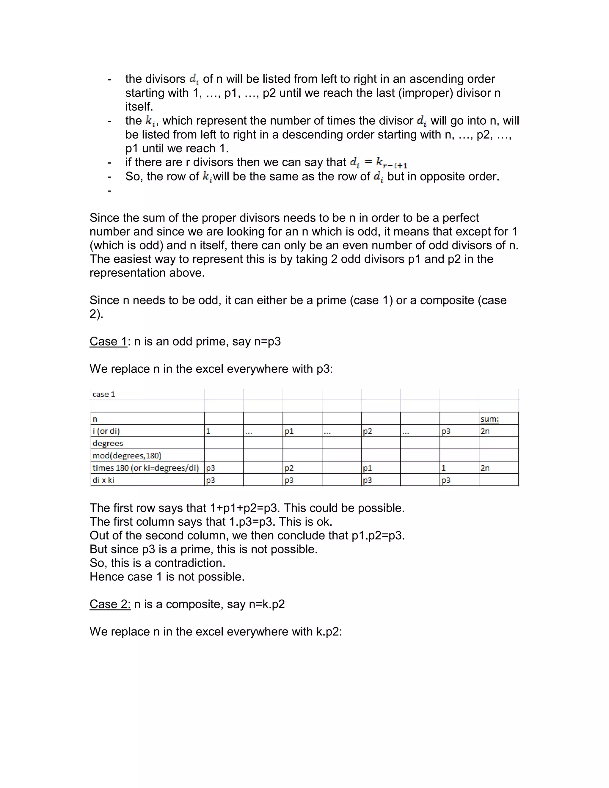- the divisors of n will be listed from left to right in an ascending order
starting with 1, …, p1, …, p2 until we reach the last (improper) divisor n
itself.
- the , which represent the number of times the divisor will go into n, will
be listed from left to right in a descending order starting with n, …, p2, …,
p1 until we reach 1.
- if there are r divisors then we can say that
- So, the row of will be the same as the row of but in opposite order.
-
Since the sum of the proper divisors needs to be n in order to be a perfect
number and since we are looking for an n which is odd, it means that except for 1
(which is odd) and n itself, there can only be an even number of odd divisors of n.
The easiest way to represent this is by taking 2 odd divisors p1 and p2 in the
representation above.
Since n needs to be odd, it can either be a prime (case 1) or a composite (case
2).
Case 1: n is an odd prime, say n=p3
We replace n in the excel everywhere with p3:
The first row says that 1+p1+p2=p3. This could be possible.
The first column says that 1.p3=p3. This is ok.
Out of the second column, we then conclude that p1.p2=p3.
But since p3 is a prime, this is not possible.
So, this is a contradiction.
Hence case 1 is not possible.
Case 2: n is a composite, say n=k.p2
We replace n in the excel everywhere with k.p2:
 