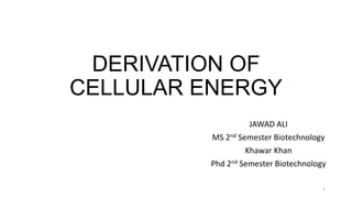 DERIVATION OF
CELLULAR ENERGY
JAWAD ALI
MS 2nd Semester Biotechnology
Khawar Khan
Phd 2nd Semester Biotechnology
1
 