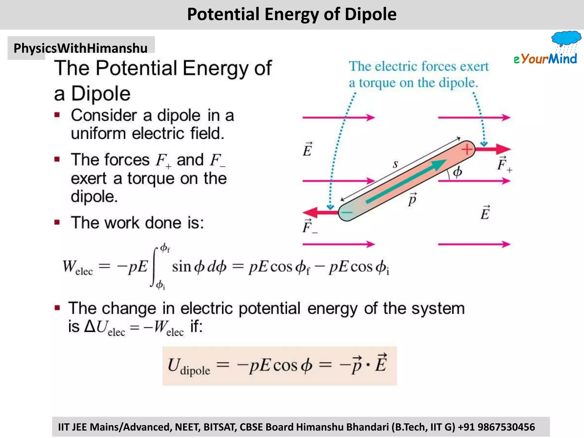 TickleYourMind
PhysicsWithHimanshu
IIT JEE Mains/Advanced, NEET, BITSAT, CBSE Board Himanshu Bhandari (B.Tech, IIT G) +91 9867530456
Potential Energy of Dipole
 