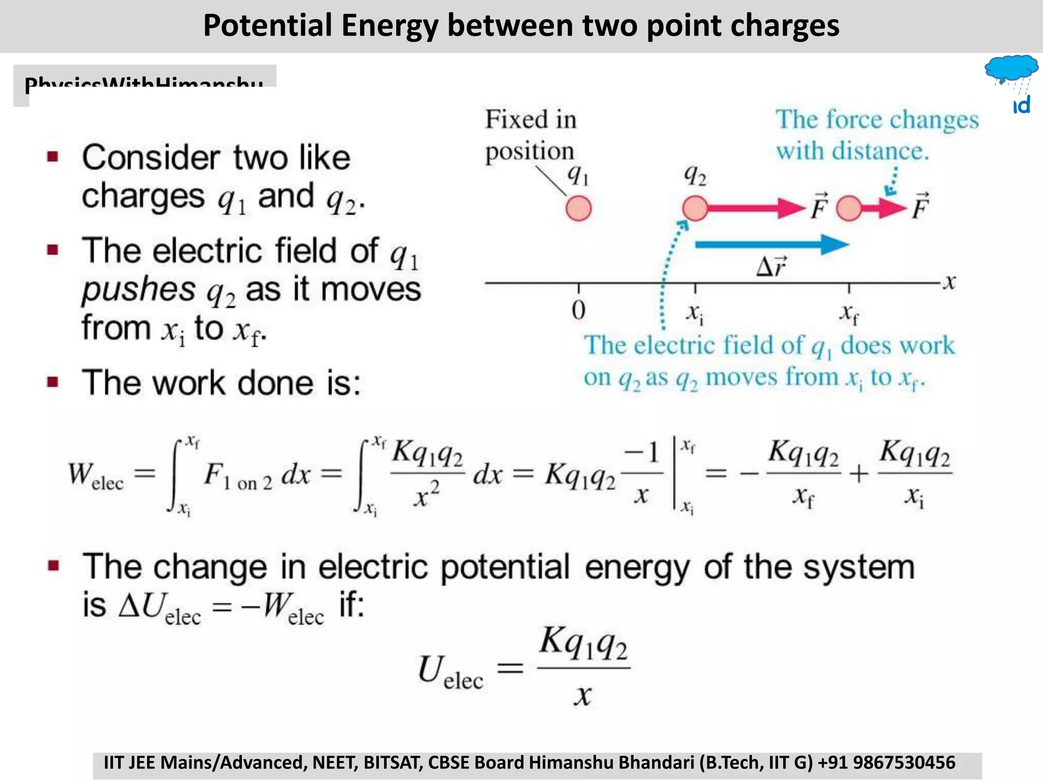 TickleYourMind
PhysicsWithHimanshu
IIT JEE Mains/Advanced, NEET, BITSAT, CBSE Board Himanshu Bhandari (B.Tech, IIT G) +91 9867530456
Potential Energy between two point charges
 