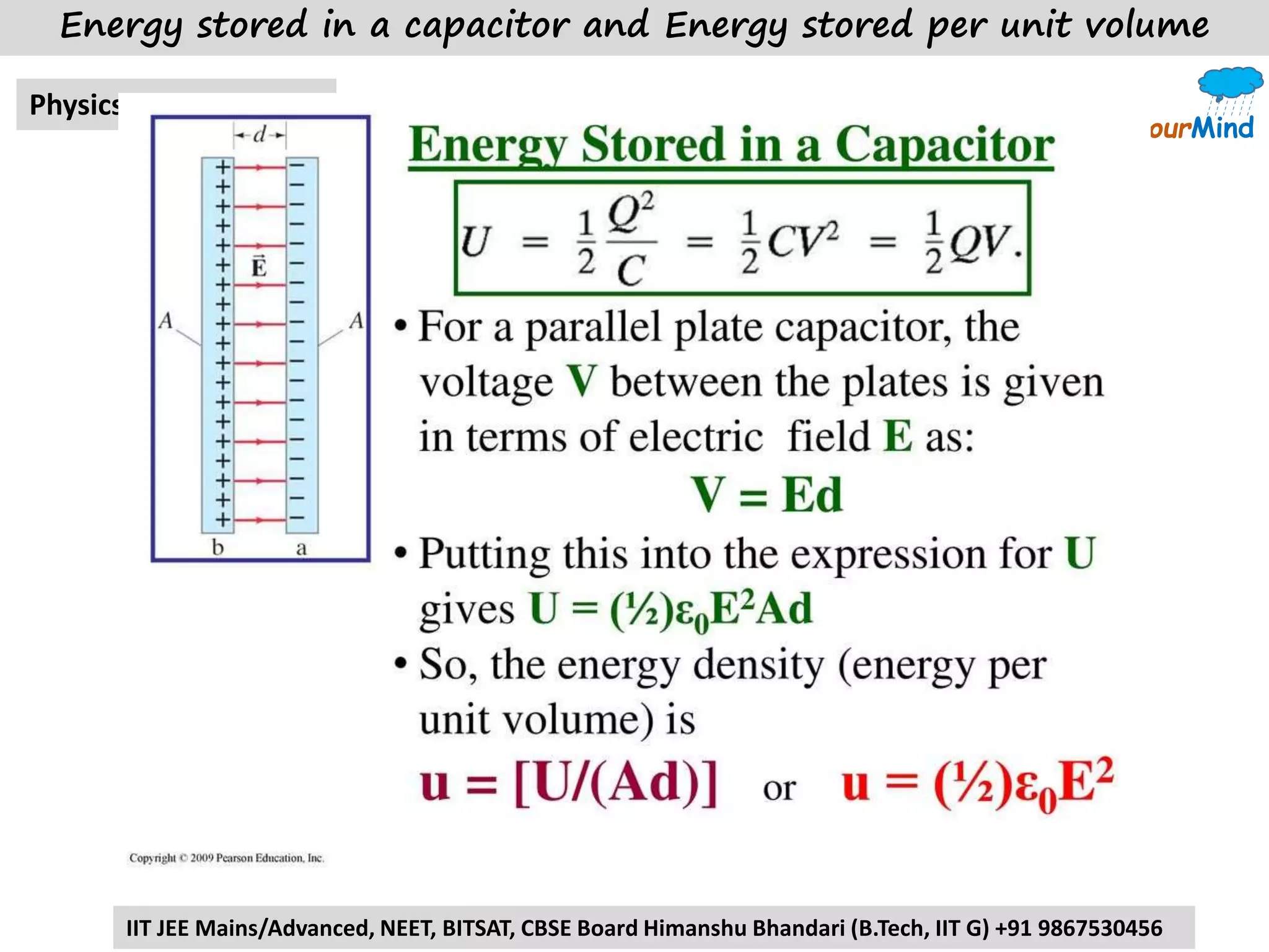 TickleYourMind
PhysicsWithHimanshu
IIT JEE Mains/Advanced, NEET, BITSAT, CBSE Board Himanshu Bhandari (B.Tech, IIT G) +91 9867530456
Energy stored in a capacitor and Energy stored per unit volume
 