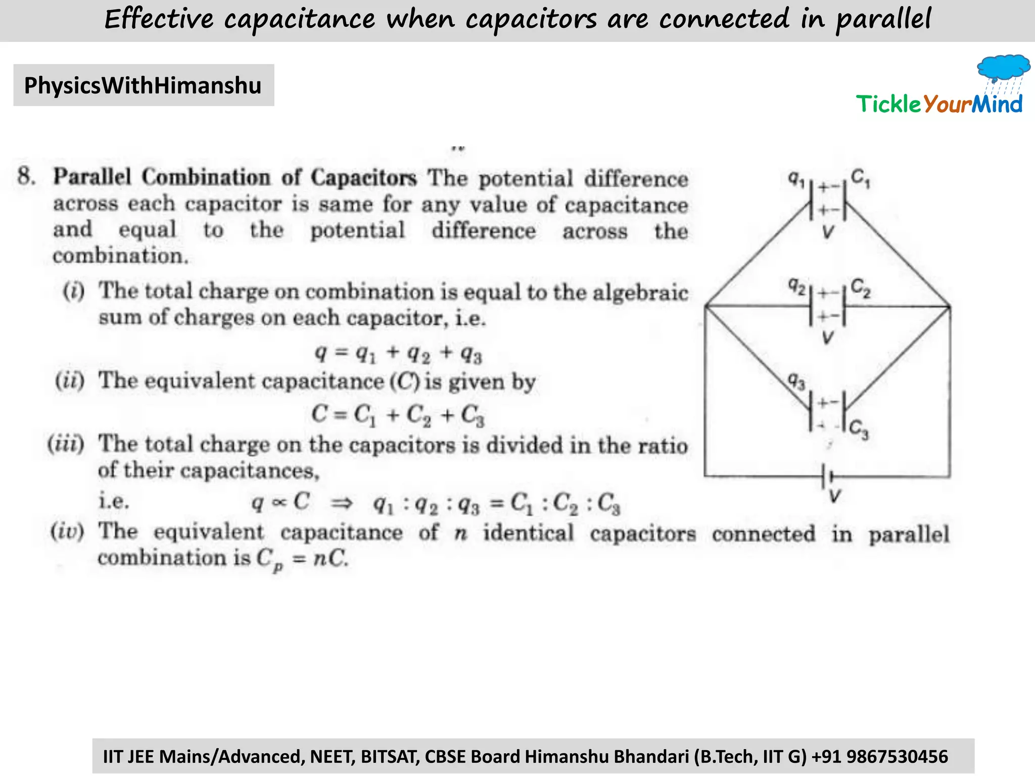 TickleYourMind
PhysicsWithHimanshu
IIT JEE Mains/Advanced, NEET, BITSAT, CBSE Board Himanshu Bhandari (B.Tech, IIT G) +91 9867530456
Effective capacitance when capacitors are connected in parallel
 
