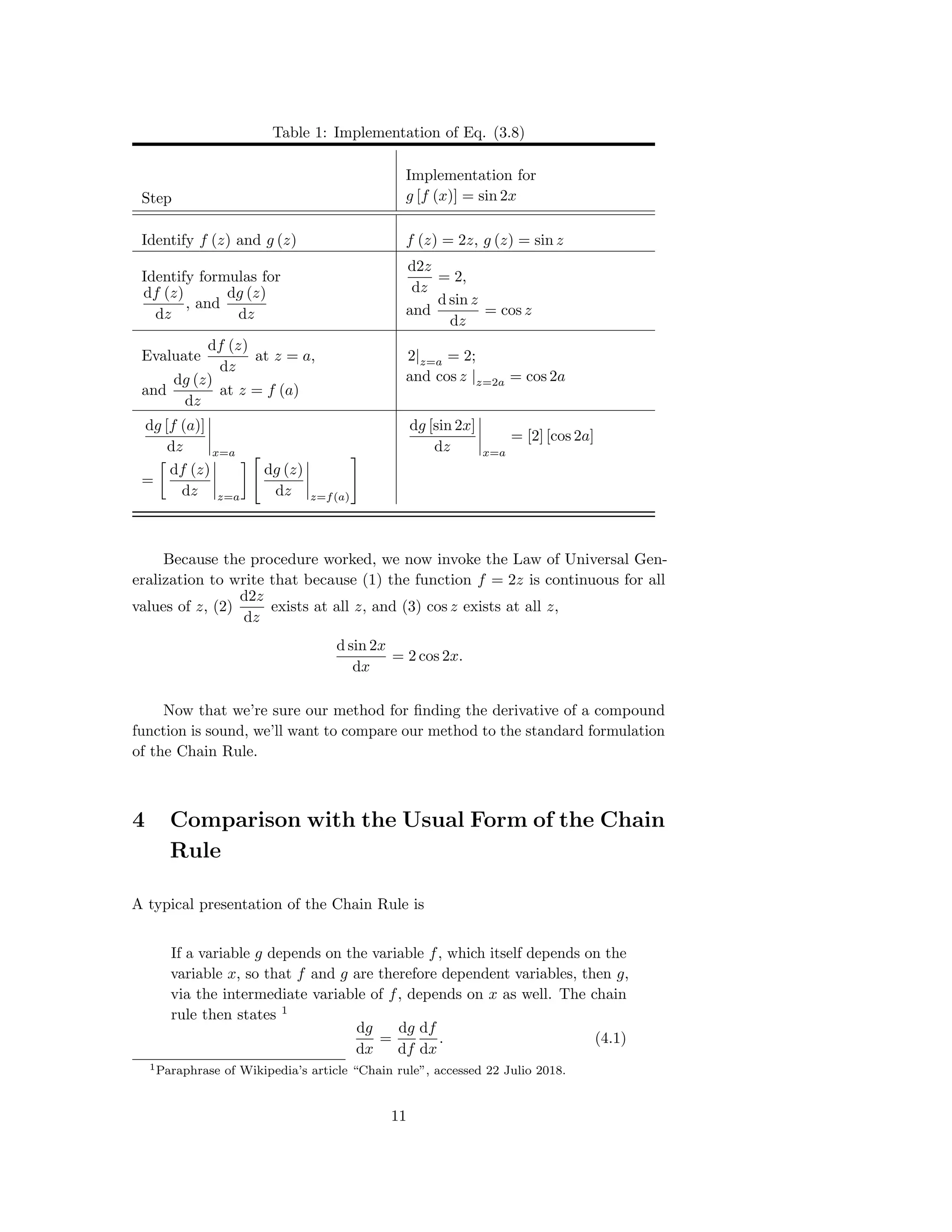 Table 1: Implementation of Eq. (3.8)
Step
Implementation for
g [f (x)] = sin 2x
Identify f (z) and g (z) f (z) = 2z, g (z) = sin z
Identify formulas for
df (z)
dz
, and
dg (z)
dz
d2z
dz
= 2,
and
d sin z
dz
= cos z
Evaluate
df (z)
dz
at z = a,
and
dg (z)
dz
at z = f (a)
2|z=a = 2;
and cos z |z=2a = cos 2a
dg [f (a)]
dz x=a
=
df (z)
dz z=a
dg (z)
dz z=f(a)
dg [sin 2x]
dz x=a
= [2] [cos 2a]
Because the procedure worked, we now invoke the Law of Universal Gen-
eralization to write that because (1) the function f = 2z is continuous for all
values of z, (2)
d2z
dz
exists at all z, and (3) cos z exists at all z,
d sin 2x
dx
= 2 cos 2x.
Now that we’re sure our method for ﬁnding the derivative of a compound
function is sound, we’ll want to compare our method to the standard formulation
of the Chain Rule.
4 Comparison with the Usual Form of the Chain
Rule
A typical presentation of the Chain Rule is
If a variable g depends on the variable f, which itself depends on the
variable x, so that f and g are therefore dependent variables, then g,
via the intermediate variable of f, depends on x as well. The chain
rule then states 1
dg
dx
=
dg
df
df
dx
. (4.1)
1Paraphrase of Wikipedia’s article “Chain rule”, accessed 22 Julio 2018.
11
 
