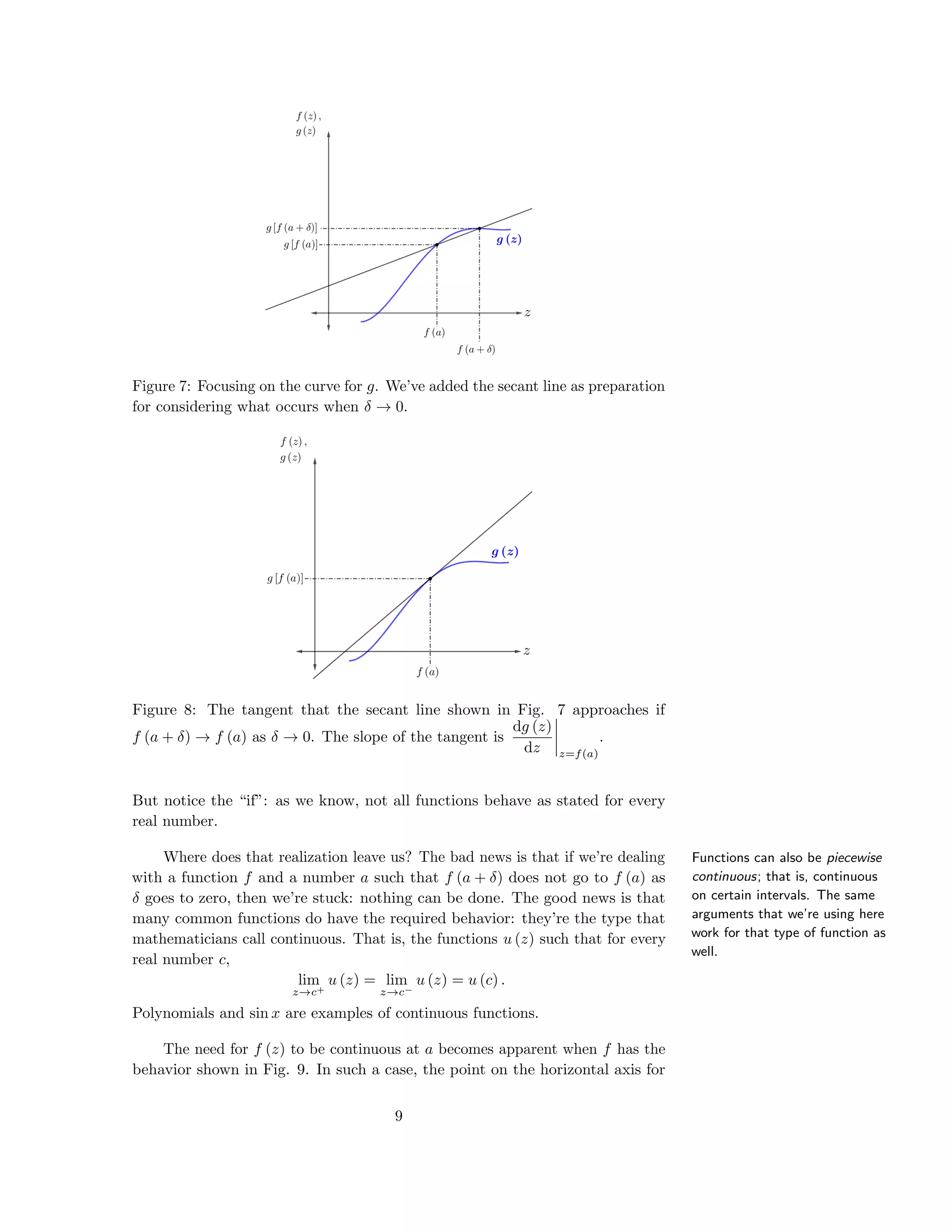 Figure 7: Focusing on the curve for g. We’ve added the secant line as preparation
for considering what occurs when δ → 0.
Figure 8: The tangent that the secant line shown in Fig. 7 approaches if
f (a + δ) → f (a) as δ → 0. The slope of the tangent is
dg (z)
dz z=f(a)
.
But notice the “if”: as we know, not all functions behave as stated for every
real number.
Functions can also be piecewise
continuous; that is, continuous
on certain intervals. The same
arguments that we’re using here
work for that type of function as
well.
Where does that realization leave us? The bad news is that if we’re dealing
with a function f and a number a such that f (a + δ) does not go to f (a) as
δ goes to zero, then we’re stuck: nothing can be done. The good news is that
many common functions do have the required behavior: they’re the type that
mathematicians call continuous. That is, the functions u (z) such that for every
real number c,
lim
z→c+
u (z) = lim
z→c−
u (z) = u (c) .
Polynomials and sin x are examples of continuous functions.
The need for f (z) to be continuous at a becomes apparent when f has the
behavior shown in Fig. 9. In such a case, the point on the horizontal axis for
9
 