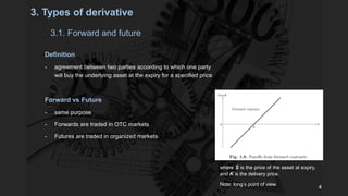 Definition
- agreement between two parties according to which one party
will buy the underlying asset at the expiry for a specified price
Forward vs Future
- same purpose
- Forwards are traded in OTC markets
- Futures are traded in organized markets
3. Types of derivative
3.1. Forward and future
where S is the price of the asset at expiry,
and K is the delivery price.
Note: long’s point of view
4
 
