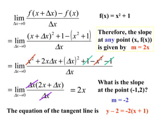 x
xfxxf
x ∆
−∆+
→∆
)()(
lim
0
( )
x
xxx
x ∆
∆
∆
11)(
lim
22
0
+−++
=
→
( )
x
xxxxx
x ∆
∆∆
∆
112
lim
222
0
−−+++
=
→
x
xxx
x ∆
∆∆
∆
)2(
lim
0
+
=
→
x2=
Therefore, the slope
at any point (x, f(x))
is given by m = 2x
What is the slope
at the point (-1,2)?
m = -2
The equation of the tangent line is y – 2 = -2(x + 1)
f(x) = x2
+ 1
 