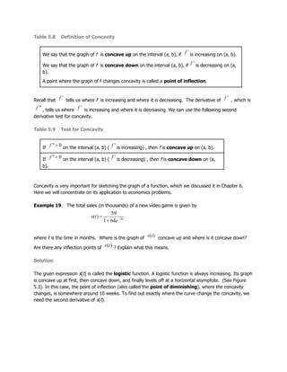 Table 5.8 Definition of Concavity
We say that the graph of f is concave up on the interval (a, b), if is increasing on (a, b).
We say that the graph of f is concave down on the interval (a, b), if is decreasing on (a,
b).
A point where the graph of f changes concavity is called a point of inflection.
Recall that tells us where f is increasing and where it is decreasing. The derivative of , which is
, tells us where is increasing and where it is decreasing. We can use the following second
derivative test for concavity.
Table 5.9 Test for Concavity
If on the interval (a, b) ( is increasing) , then f is concave up on (a, b).
If on the interval (a, b) ( is decreasing) , then f is concave down on (a,
b).
Concavity is very important for sketching the graph of a function, which we discussed it in Chapter 6.
Here we will concentrate on its application to economics problems.
Example 19. The total sales (in thousands) of a new video game is given by
where t is the time in months. Where is the graph of concave up and where is it concave down?
Are there any inflection points of ? Explain what this means.
Solution
The given expression s(t) is called the logistic function. A logistic function is always increasing. Its graph
is concave up at first, then concave down, and finally levels off at a horizontal asymptote. (See Figure
5.3). In this case, the point of inflection (also called the point of diminishing), where the concavity
changes, is somewhere around 10 weeks. To find out exactly where the curve change the concavity, we
need the second derivative of s(t).
 