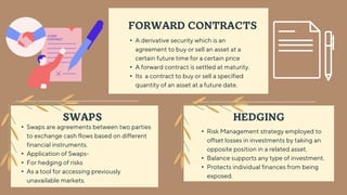 HEDGING
SWAPS
• Risk Management strategy employed to
offset losses in investments by taking an
opposite position in a related asset.
• Balance supports any type of investment.
• Protects individual finances from being
exposed.
FORWARD CONTRACTS
• A derivative security which is an
agreement to buy or sell an asset at a
certain future time for a certain price
• A forward contract is settled at maturity.
• Its a contract to buy or sell a specified
quantity of an asset at a future date.
• Swaps are agreements between two parties
to exchange cash flows based on different
financial instruments.
• Application of Swaps-
• For hedging of risks
• As a tool for accessing previously
unavailable markets.
 