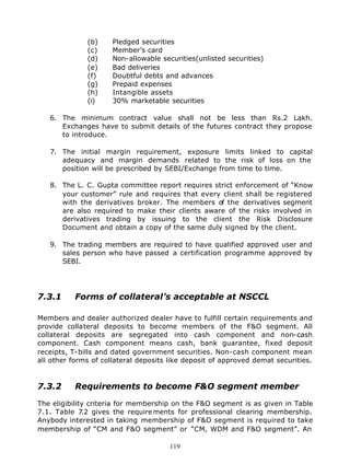 (b)     Pledged securities
              (c)     Member’s card
              (d)     Non-allowable securities(unlisted securities)
              (e)     Bad deliveries
              (f)     Doubtful debts and advances
              (g)     Prepaid expenses
              (h)     Intangible assets
              (i)     30% marketable securities

   6. The minimum contract value shall not be less than Rs.2 Lakh.
      Exchanges have to submit details of the futures contract they propose
      to introduce.

   7. The initial margin requirement, exposure limits linked to capital
      adequacy and margin demands related to the risk of loss on the
      position will be prescribed by SEBI/Exchange from time to time.

   8. The L. C. Gupta committee report requires strict enforcement of “Know
      your customer” rule and requires that every client shall be registered
      with the derivatives broker. The members of the derivatives segment
      are also required to make their clients aware of the risks involved in
      derivatives trading by issuing to the client the Risk Disclosure
      Document and obtain a copy of the same duly signed by the client.

   9. The trading members are required to have qualified approved user and
      sales person who have passed a certification programme approved by
      SEBI.




7.3.1      Forms of collateral’s acceptable at NSCCL

Members and dealer authorized dealer have to fulfill certain requirements and
provide collateral deposits to become members of the F&O segment. All
collateral deposits are segregated into cash component and non-cash
component. Cash component means cash, bank guarantee, fixed deposit
receipts, T-bills and dated government securities. Non-cash component mean
all other forms of collateral deposits like deposit of approved demat securities.


7.3.2      Requirements to become F&O segment member

The eligibility criteria for membership on the F&O segment is as given in Table
7.1. Table 7 gives the require ments for professional clearing membership.
              .2
Anybody interested in taking membership of F&O segment is required to take
membership of “CM and F&O segment” or “CM, WDM and F&O segment”. An

                                       119
 