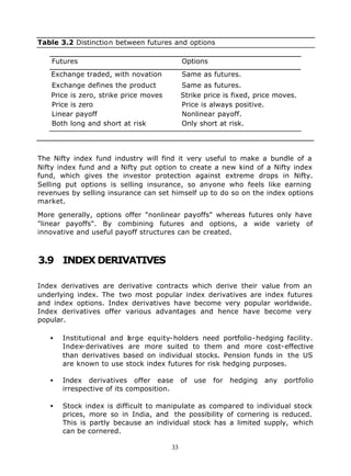 Table 3.2 Distinction between futures and options

   Futures                                  Options
   Exchange traded, with novation           Same as futures.
   Exchange defines the product             Same as futures.
   Price is zero, strike price moves        Strike price is fixed, price moves.
   Price is zero                            Price is always positive.
   Linear payoff                            Nonlinear payoff.
   Both long and short at risk              Only short at risk.




The Nifty index fund industry will find it very useful to make a bundle of a
Nifty index fund and a Nifty put option to create a new kind of a Nifty index
fund, which gives the investor protection against extreme drops in Nifty.
Selling put options is selling insurance, so anyone who feels like earning
revenues by selling insurance can set himself up to do so on the index options
market.

More generally, options offer "nonlinear payoffs" whereas futures only have
"linear payoffs". By combining futures and options, a wide variety of
innovative and useful payoff structures can be created.



3.9 INDEX DERIVATIVES

Index derivatives are derivative contracts which derive their value from an
underlying index. The two most popular index derivatives are index futures
and index options. Index derivatives have become very popular worldwide.
Index derivatives offer various advantages and hence have become very
popular.

   •   Institutional and a rge equity-holders need portfolio-hedging facility.
                         l
       Index-derivatives are more suited to them and more cost-effective
       than derivatives based on individual stocks. Pension funds in the US
       are known to use stock index futures for risk hedging purposes.

   •   Index derivatives offer ease         of   use   for   hedging   any   portfolio
       irrespective of its composition.

   •   Stock index is difficult to manipulate as compared to individual stock
       prices, more so in India, and the possibility of cornering is reduced.
       This is partly because an individual stock has a limited supply, which
       can be cornered.

                                       33
 