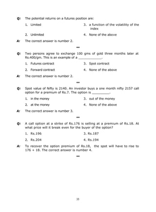Q:   The potential returns on a futures position are:

     1. Limited                              3. a function of the volatility of the
                                                 index

     2. Unlimited                            4. None of the above

A:   The correct answer is number 2.

                                        ••

Q:   Two persons agree to exchange 100 gms of gold three months later at
     Rs.400/gm. This is an example of a ____________.

     1. Futures contract                     3. Spot contract

     2. Forward contract                     4. None of the above

A:   The correct answer is number 2.

                                        ••

Q:   Spot value of Nifty is 2140. An investor buys a one month nifty 2157 call
     option for a premium of Rs.7. The option is _________.

     1. in the money                         3. out of the money

     2. at the money                         4. None of the above

A:   The correct answer is number 3.

                                        ••

Q:   A call option at a strike of Rs.176 is selling at a premium of Rs.18. At
     what price will it break even for the buyer of the option?

     1. Rs.196                               3. Rs.187

     2. Rs.204                               4. Rs.194

A:   To recover the option premium of Rs.18, the spot will have to rise to
     176 + 18. The correct answer is number 4.

                                        ••




                                        35
 
