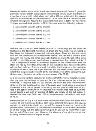 Having decided to write a call, which one should you write? Table 4.2 gives the
premiums for one month calls and puts with different strikes. Given that there are
a number of one-month calls trading, each with a different strike price, the obvious
question is: which strike should you choose? Let us take a look at call options with
different strike prices. Assume that the current stock price is 1250, risk-free rate is
12% per year and stock volatility is 30%. You could write the following options:

   1. A one month call with a strike of 1200.

   2. A one month call with a strike of 1225.

   3. A one month call with a strike of 1250.

   4. A one month call with a strike of 1275.

   5. A one month call with a strike of 1300.


Which of this options you write largely depends on how strongly you feel about the
likelihood of the downward movement of prices and how much you are willing to
lose should this downward movement not come about. There are five one-month
calls and five one-month puts trading in the market. The call with a strike of 1200
is deep in-the-money and hence trades at a higher pre mium. The call with a strike
of 1275 is out-of-the-money and trades at a low premium. The call with a strike of
1300 is deep-out-of-money. Its execution depends on the unlikely event that the
stock will rise by more than 50 points on the expiration date. Hence writing this
call is a fairly safe bet. There is a small probability that it may be in-the-money by
expiration in which case the buyer exercises and the writer suffers losses to the
extent that the price is above 1300. In the more likely event of the call expiring out-
of-the-money, the writer earns the premium amount ofRs.27.50.

As a person who wants to speculate on the hunch that the market may fall, you can
also buy puts. As the buyer of puts you face an unlimited upside but a limited
downside. If the price does fall, you profit to the extent the price falls below the
strike of the put purchased by you. If however your hunch about a downward
movement in the market proves to be wrong and the price actually rises, all you
lose is the option premium. If for instance the security price rises to 1300 and
you've bought a put with an exercise of 1250, you simply let the put expire. If
however the price does fall to say 1225 on expiration date, you make a neat profit
of Rs.25.

Having decided to buy a put, whic h one should you buy? Given that there are a
number of one-month puts trading, each with a different strike price, the obvious
question is: which strike should you choose? This largely depends on how strongly
you feel about the likelihood of the downward movement in the market. If you buy
an at-the-money put, the option premium paid by you will by higher than if you
buy an out-of-the-money put. However the chances of an at-the-money put
expiring in-the-money are higher as well.



                                          59
 