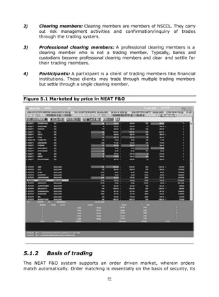 2)      Clearing members: Clearing members are members of NSCCL. They carry
        out risk management activities and confirmation/inquiry of trades
        through the trading system.

3)      Professional clearing members: A professional clearing members is a
        clearing member who is not a trading member. Typically, banks and
        custodians become professional clearing members and clear and settle for
        their trading members.

4)      Participants: A participant is a client of trading members like financial
        institutions. These clients may trade through multiple trading members
        but settle through a single clearing member.


Figure 5.1 Marketed by price in NEAT F&O




5.1.2      Basis of trading
The NEAT F&O system supports an order driven market, wherein orders
match automatically. Order matching is essentially on the basis of security, its

                                       72
 