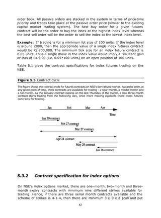 order book. All passive orders are stacked in the system in terms of price-time
priority and trades take place at the passive order price (similar to the existing
capital market trading system). The best buy order for a given futures
contract will be the order to buy the index at the highest index level whereas
the best sell order will be the order to sell the index at the lowest index level.

Example: If trading is for a minimum lot size of 100 units. If the index level
is around 2000, then the appropriate value of a single index futures contract
would be Rs.200,000. The minimum tick size for an index future contract is
0.05 units. Thus a single move in the index value would imply a resultant gain
or loss of Rs.5.00 (i.e. 0.05*100 units) on an open position of 100 units.

Table 5.1 gives the contract specifications for index futures trading on the
NSE.


Figure 5.5 Contract cycle

The figure shows the contract cycle for futures contracts on NSE's derivatives market. As can be seen, at
any given point of time, three contracts are available for trading - a near-month, a middle-month and
a far-month. As the January contract expires on the last Thursday of the month, a new three-month
contract starts trading from the following day, once more making available three index futures
contracts for trading.




5.3.2        Contract specification for index options

On NSE's index options market, there are one- month, two- month and three-
month expiry contracts with minimum nine different strikes available for
trading. Hence, if there are three serial month contracts available and the
scheme of strikes is 4-1-4, then there are minimum 3 x 9 x 2 (call and put

                                                  82
 
