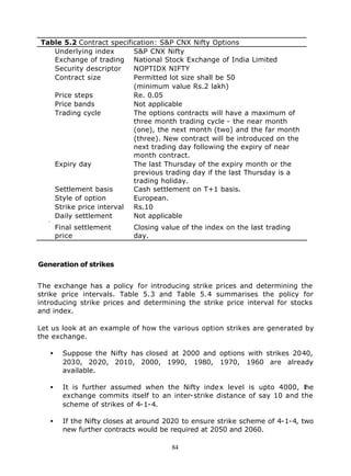 Table 5.2 Contract specification: S&P CNX Nifty Options
    Underlying index      S&P CNX Nifty
    Exchange of trading National Stock Exchange of India Limited
    Security descriptor   NOPTIDX NIFTY
    Contract size         Permitted lot size shall be 50
                          (minimum value Rs.2 lakh)
    Price steps           Re. 0.05
    Price bands           Not applicable
    Trading cycle         The options contracts will have a maximum of
                          three month trading cycle - the near month
                          (one), the next month (two) and the far month
                          (three). New contract will be introduced on the
                          next trading day following the expiry of near
                          month contract.
    Expiry day            The last Thursday of the expiry month or the
                          previous trading day if the last Thursday is a
                          trading holiday.
    Settlement basis      Cash settlement on T+1 basis.
    Style of option       European.
    Strike price interval Rs.10
    Daily settlement      Not applicable
price
    Final settlement      Closing value of the index on the last trading
       price                 day.



Generation of strikes


The exchange has a policy for introducing strike prices and determining the
strike price intervals. Table 5.3 and Table 5.4 summarises the policy for
introducing strike prices and determining the strike price interval for stocks
and index.

Let us look at an example of how the various option strikes are generated by
the exchange.

   •     Suppose the Nifty has closed at 2000 and options with strikes 2040,
         2030, 2020, 2010, 2000, 1990, 1980, 1970, 1960 are already
         available.

   •     It is further assumed when the Nifty index level is upto 4000, t   he
         exchange commits itself to an inter-strike distance of say 10 and the
         scheme of strikes of 4-1-4.

   •     If the Nifty closes at around 2020 to ensure strike scheme of 4-1-4, two
         new further contracts would be required at 2050 and 2060.

                                        84
 