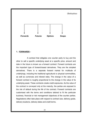 Derivatives




     Forwards           Futures         Options        Swaps




1. FORWARDS -


              A contract that obligates one counter party to buy and the
other to sell a specific underlying asset at a specific price, amount and
date in the future is known as a forward contract. Forward contracts are
the important type of forward-based derivatives. They are the simplest
derivatives. There is a separate forward market for multitude of
underlyings, including the traditional agricultural or physical commodities,
as well as currencies and interest rates. The change in the value of a
forward contract is roughly proportional to the change in the value of its
underlying asset. These contracts create credit exposures. As the value of
the contract is conveyed only at the maturity, the parties are exposed to
the risk of default during the life of the contract. Forward contracts are
customised with the terms and conditions tailored to fit the particular
business, financial or risk management objectives of the counter parties.
Negotiations often take place with respect to contract size, delivery grade,
delivery locations, delivery dates and credit terms.



                                   25
 