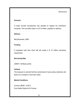 Derivatives



Scenario


A major aircraft manufacturer has decided to replace his mainframe
computer. The cost after trade in is $ 10 million, payable on delivery.


Delivery


Mid December, 2006.


Funding


A projected cash flow short fall will create a $ 10 million borrowing
requirement.


Borrowing Rate


LIBOR + 50 Basis points


Outlook
The treasurer is worried that the central bank‟s future policy directions will
lead to an increase in short term rates.


Market Conditions


Current LIBOR - 8.38 %
Euro-Dollar Options On Futures :



                                    50
 