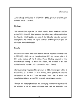 Derivatives

June calls @ Strike price of STG/USD = $1.52, premium of 2.00% per
contract, that is 3 US cents.


Strategy


The manufacturer buys one call option contract with a Strike or Exercise
price of 1.51. If the US dollar weakens the call contract will be used to buy
the Pounds – Sterling at the set price. If, the US dollar stays the same or
strengthens, the contract will expire worthless and the premium paid for
the option will have been lost.


Results


In June 2005, the Us dollar does weaken and the new spot exchange rate
is STG/USD = 1.60. Hence, the call option at 1.51 has intrinsic value of 9
US cents. Instead of the 1 million Pound Sterling required by the
manufacturer costing 1.6 million US dollars, the exercise of the call
contract will net $ 90000 US ( $ 1.6 million – $ 1.51 million).


After subtracting the price of the premium of 2.5%, the net gain will be $
50000 US ( $ 1.6 million – $ 1.55 million), which partially off-sets the
depreciation in the US Dollar exchange Rate, and is within the
manufacturer‟s target range of 5% to remain competitive on pricing.


Through this hedging technique the underlying commercial objective will
be ensured. If the US Dollar exchange rate had not weakened, the




                                    54
 
