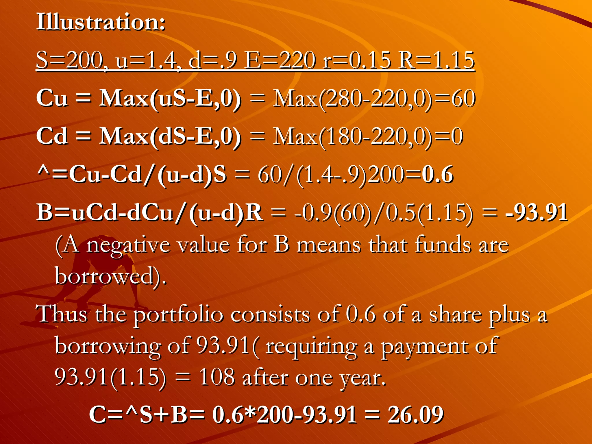 Illustration:
S=200, u=1.4, d=.9 E=220 r=0.15 R=1.15
Cu = Max(uS-E,0) = Max(280-220,0)=60
Cd = Max(dS-E,0) = Max(180-220,0)=0
^=Cu-Cd/(u-d)S = 60/(1.4-.9)200=0.6
B=uCd-dCu/(u-d)R = -0.9(60)/0.5(1.15) = -93.91
  (A negative value for B means that funds are
  borrowed).
Thus the portfolio consists of 0.6 of a share plus a
  borrowing of 93.91( requiring a payment of
  93.91(1.15) = 108 after one year.
     C=^S+B= 0.6*200-93.91 = 26.09
 