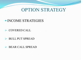 OPTION STRATEGY

 INCOME STRATEGIES

 COVERED CALL


 BULL PUT SPREAD


 BEAR CALL SPREAD
 