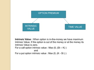 OPTION PREMIUM




          INTRINSIC                                   TIME VALUE
            VALUE



Intrinsic Value : When option is in-the-money we have maximum
Intrinsic Value. If the option is out of the money or at the money its
Intrinsic Value is zero.
For a call option intrinsic value : Max (0, (St – K) )
                     and
For a put option intrinsic value : Max (0, (K - St ) )
 