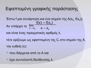 Έστω f μια συνάρτηση και ένα σημείο της  A (x 0 , f(x 0 )).   Αν υπάρχει το  και είναι ένας πραγματικός αριθμός λ,  τότε ορίζουμε ως εφαπτομένη της  C f  στο σημείο της Α, την ευθεία  ( ε ) :  που διέρχεται από το Α και  έχει συντελεστή διεύθυνσης λ. Εφαπτομένη γραφικής παράστασης f(x) – f(x 0 ) x – x 0 lim x   x 0 