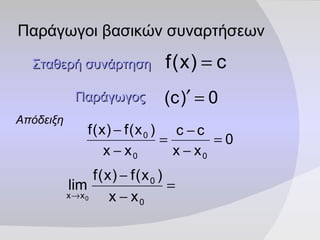 Παράγωγοι βασικών συναρτήσεων Σταθερή   συνάρτηση   Παράγωγος   Απόδειξη   