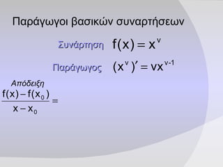 Παράγωγοι βασικών συναρτήσεων Συνάρτηση   Παράγωγος   Απόδειξη   