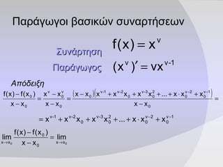 Παράγωγοι βασικών συναρτήσεων Συνάρτηση   Παράγωγος   Απόδειξη   