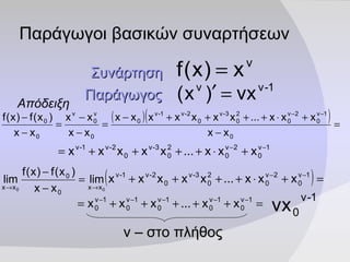Παράγωγοι βασικών συναρτήσεων Συνάρτηση   Παράγωγος   Απόδειξη   ν – στο πλήθος   