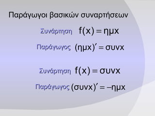 Παράγωγοι βασικών συναρτήσεων Παράγωγος   Συνάρτηση   Παράγωγος   Συνάρτηση   